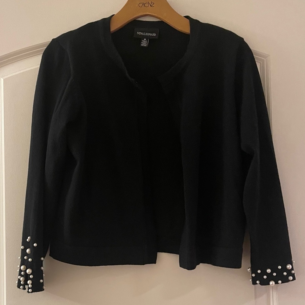 Nina Leonard Black Cardigan with Pearl Accents